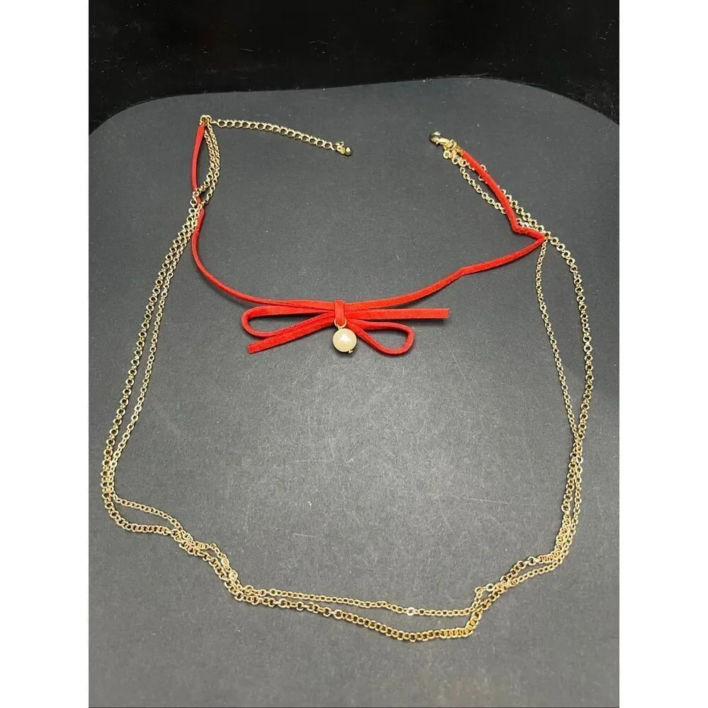 New Carisma Red Bow Choker Faux Pearl Gold Tone Double Chain Layered Necklace